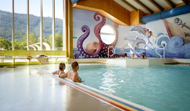 Paar entspannt im Hallenbad mit großen Fenstern und Meereswandbild.
