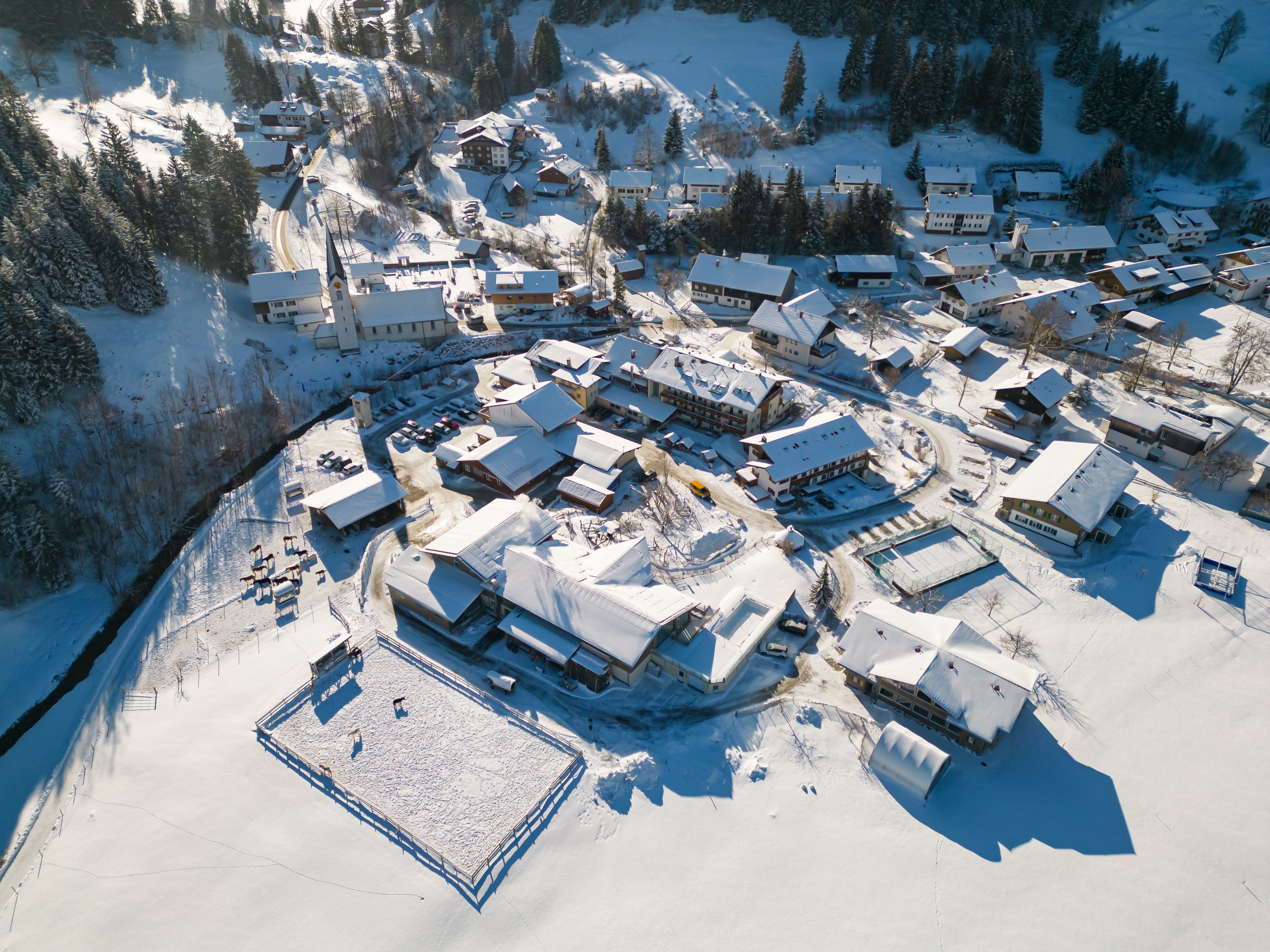 Das Bild zeigt ein verschneites Dorf in den Bergen mit mehreren Häusern und Bäumen.