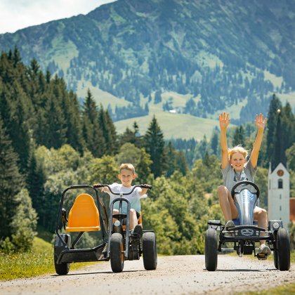 Kinder fahren fröhlich mit Gokarts durch Alpenlandschaft.