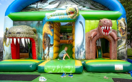 Kind rutscht aus bunter Dino-Hüpfburg heraus.