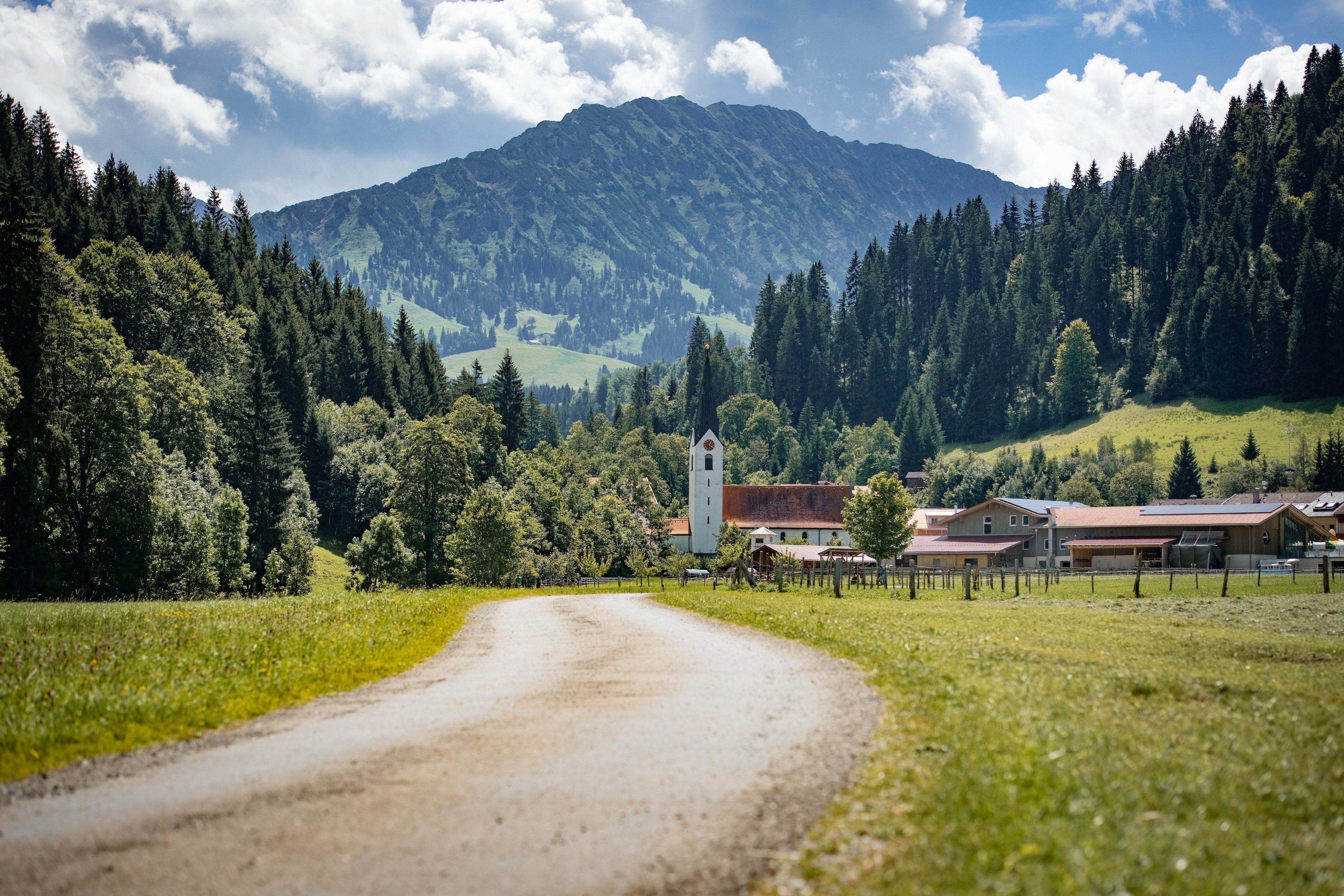 Weg durch grüne Wiese Richtung Dorf mit Kirche und Bergen.